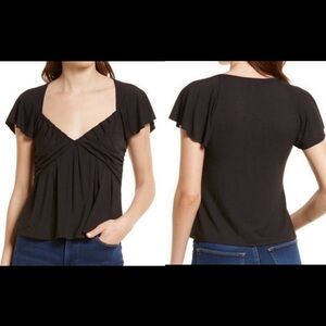 Frame Womens SZ XS‎ Black Shirred Flounce Top Short Sleeve Style# LTWS1761 NEW